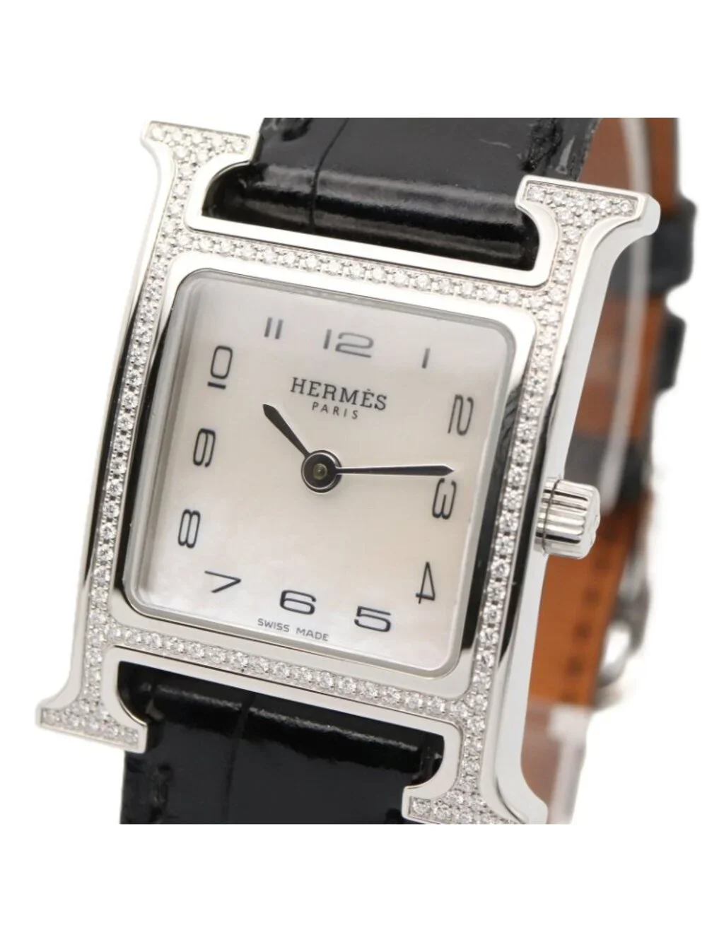 Hermes Watch H Diamond Bezel White Shell Stainless Steel